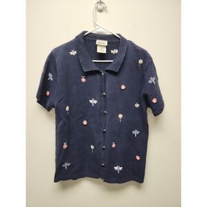 VTG Northern Reflections L Navy Cotton Cradigan Sweater Ladybugs Dragonflies Bug